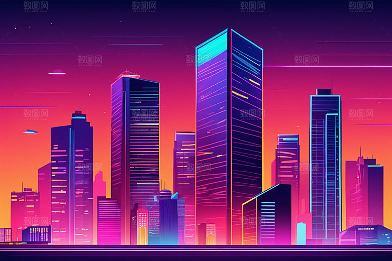 霓虹城市赛博朋克都市插画