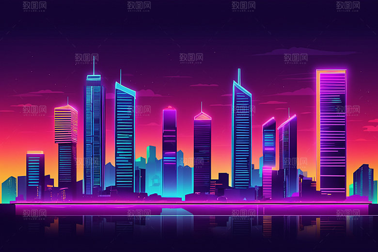 霓虹城市彩色元素插画