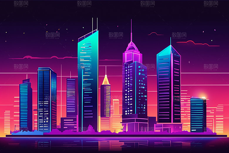 霓虹城市建筑未来插画