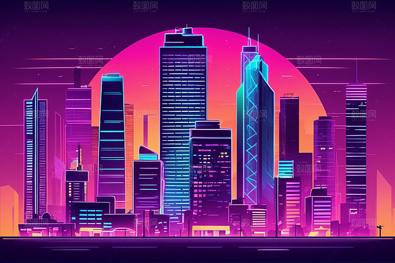霓虹城市赛博朋克都市插画