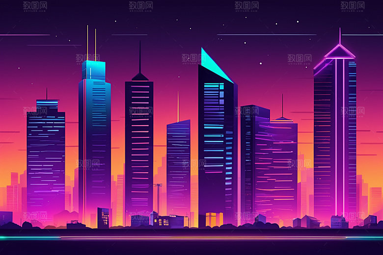 霓虹城市都市彩色插画