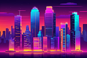 霓虹城市元素地标插画
