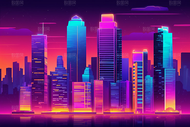 霓虹城市元素地标插画