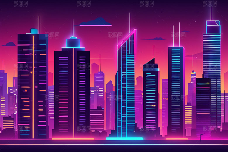 霓虹城市赛博朋克都市插画