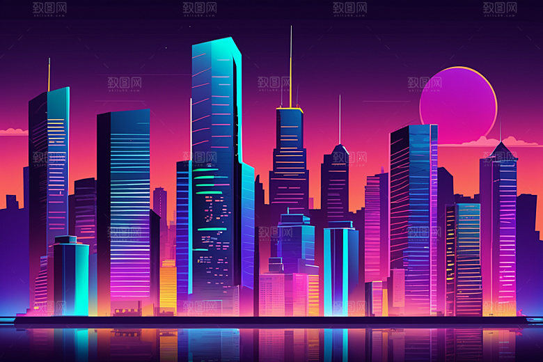 霓虹城市元素建筑插画