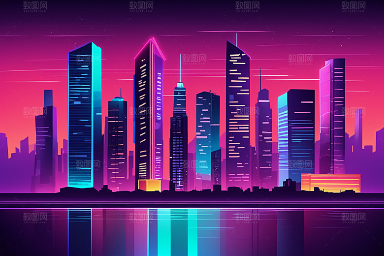 霓虹城市地标彩色插画