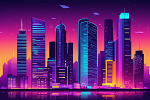霓虹城市建筑元素插画