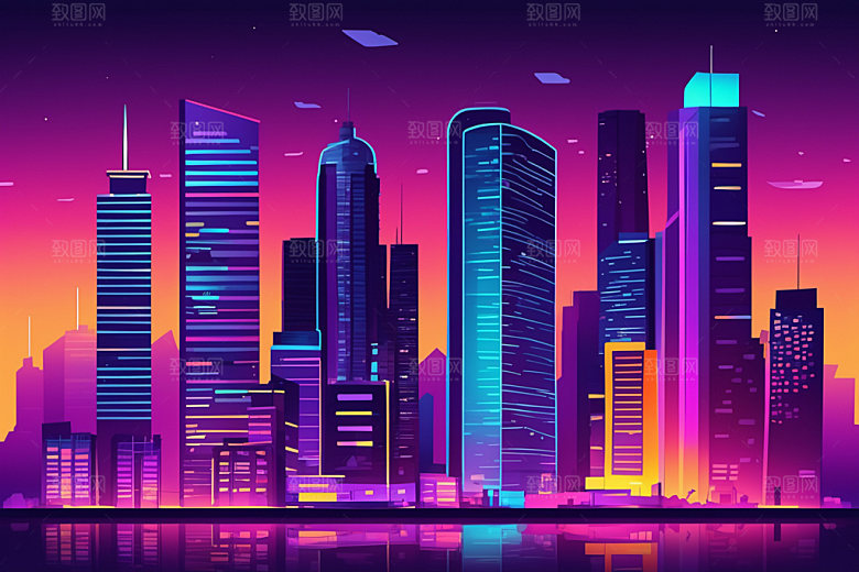 霓虹城市建筑元素插画