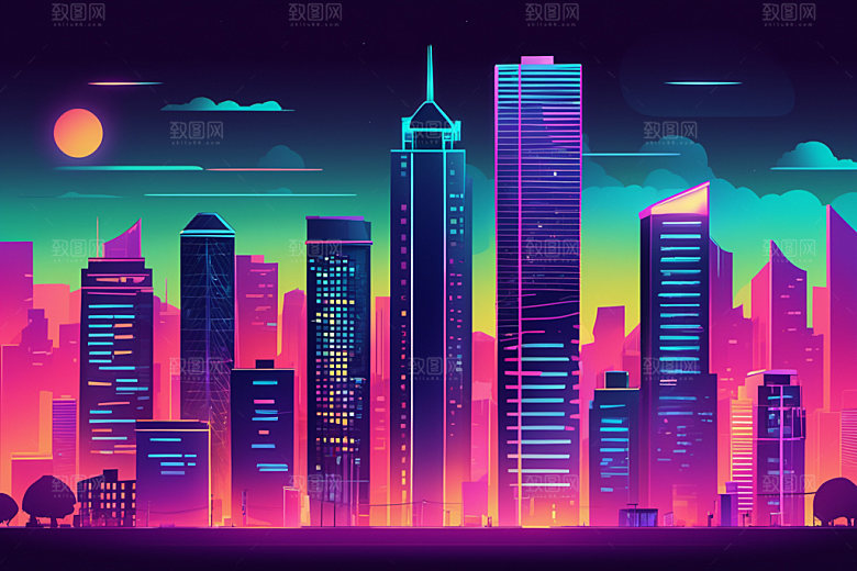 霓虹城市未来科技感插画