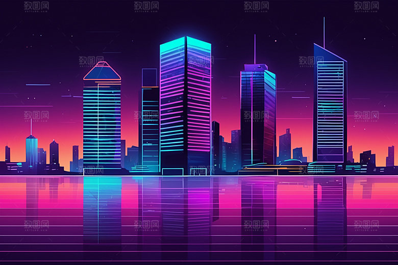 霓虹城市赛博朋克未来插画