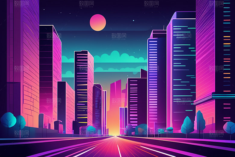 霓虹城市建筑时尚插画