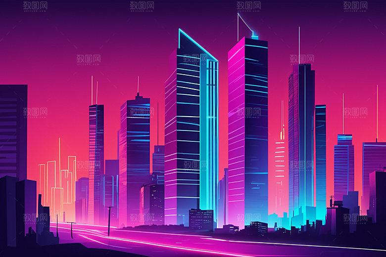霓虹城市元素赛博朋克插画