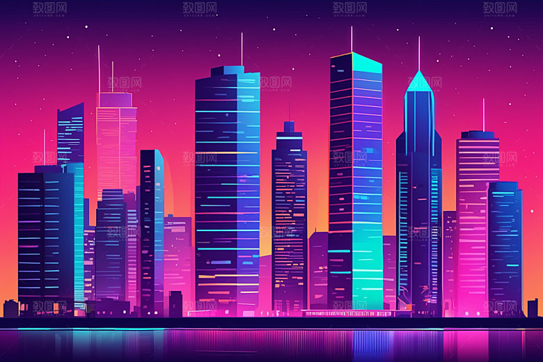霓虹城市未来彩色插画