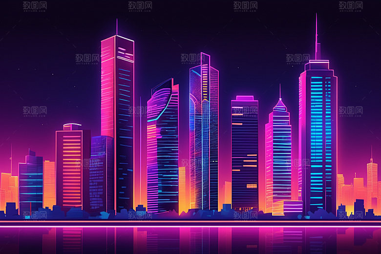 霓虹城市彩色都市插画
