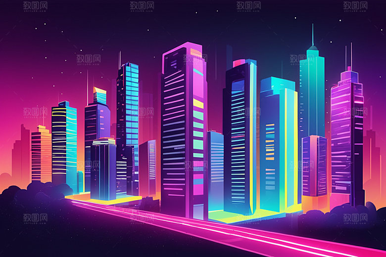 霓虹城市科技感元素插画