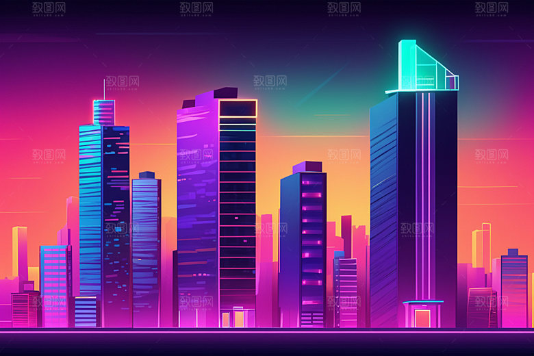 霓虹城市地标赛博朋克插画