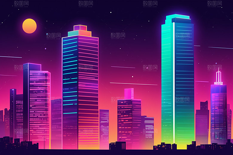 霓虹城市都市地标插画