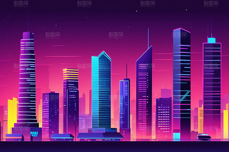 霓虹城市地标赛博朋克插画