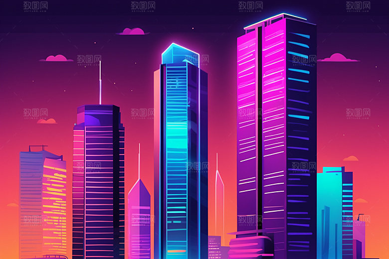 霓虹城市地标未来插画