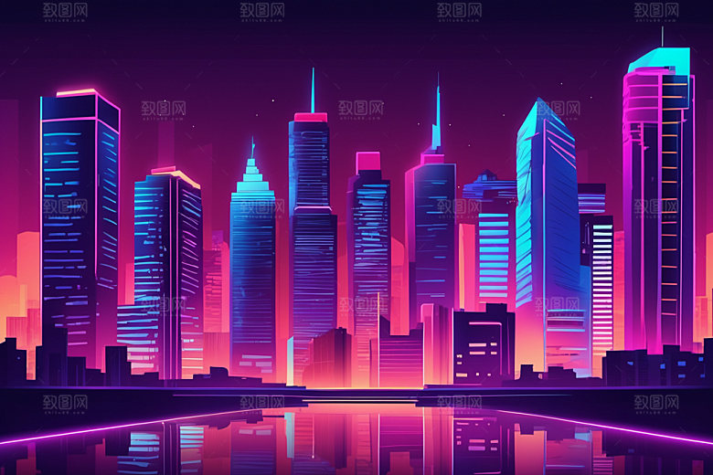 霓虹城市建筑都市插画