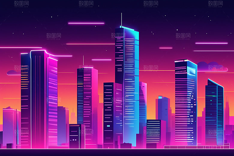 霓虹城市元素科技感插画