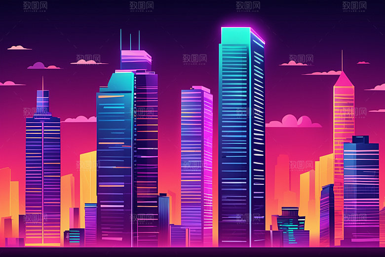 霓虹城市建筑科技感插画
