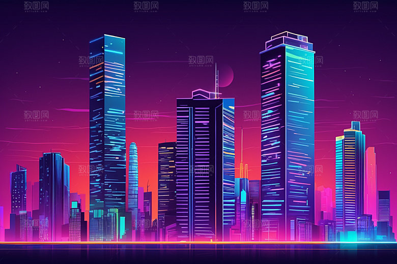 霓虹城市未来建筑插画