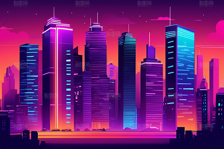 霓虹城市科技感都市插画