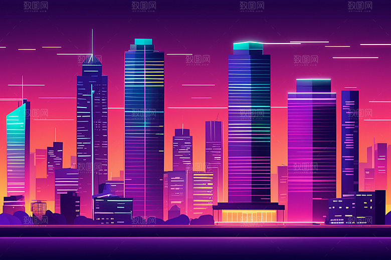 霓虹城市建筑科技感插画