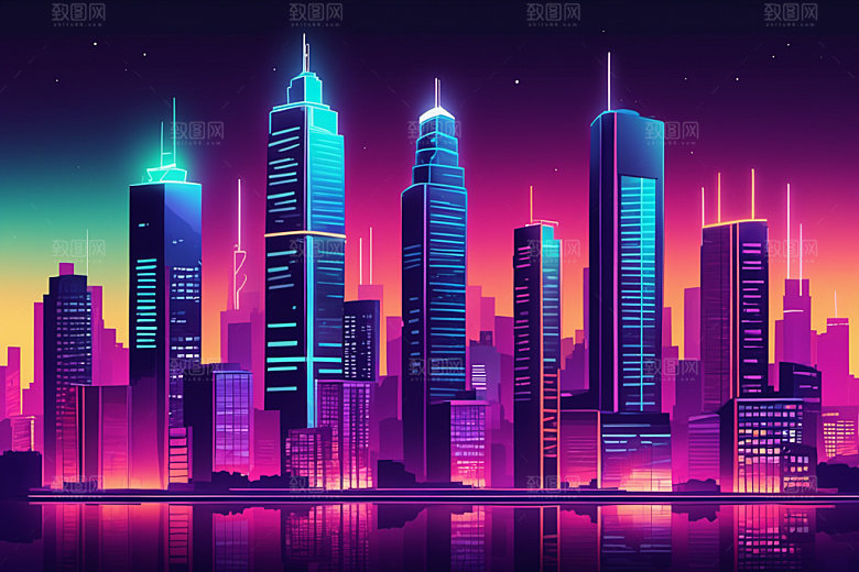 霓虹城市元素赛博朋克插画