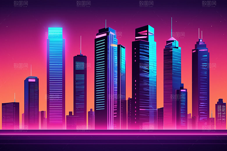 霓虹城市彩色地标插画
