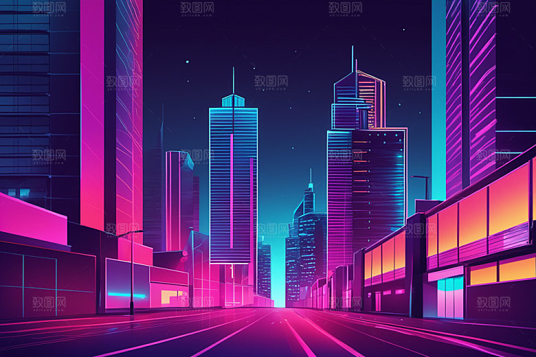 霓虹城市建筑时尚插画