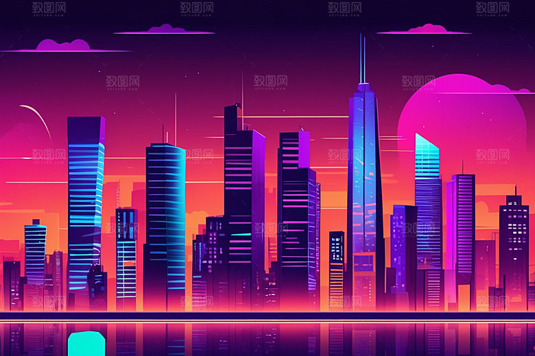 霓虹城市地标科技感插画