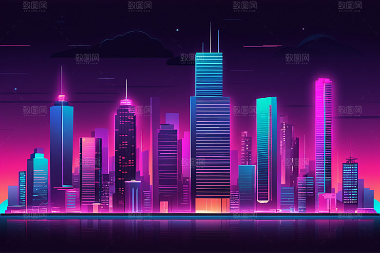 霓虹城市建筑元素插画