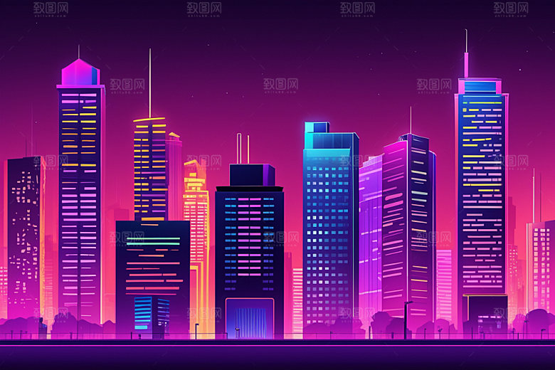 霓虹城市都市地标插画