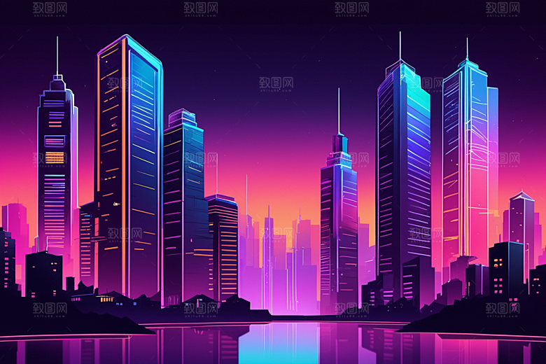 霓虹城市赛博朋克都市插画