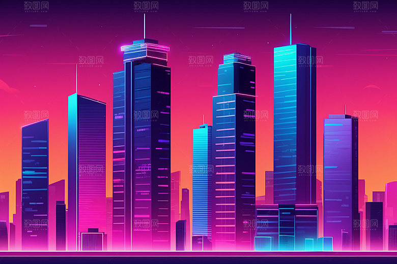 霓虹城市彩色元素插画