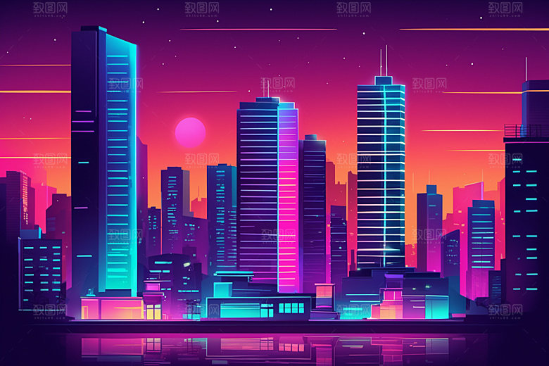 霓虹城市科技感建筑插画