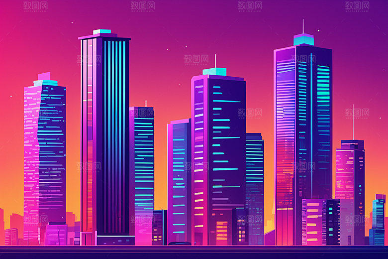 霓虹城市地标时尚插画