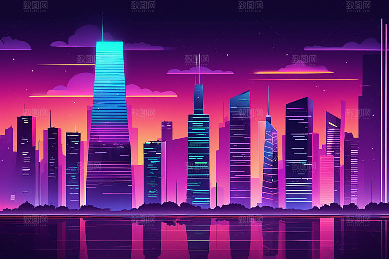 霓虹城市元素赛博朋克插画