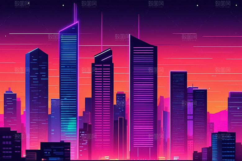 霓虹城市彩色建筑插画