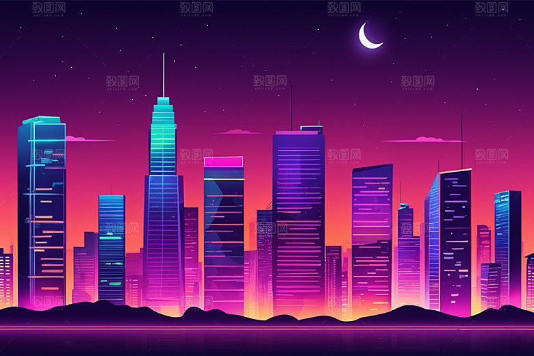 霓虹城市未来地标插画