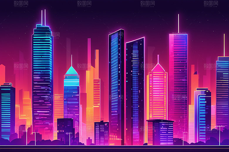 霓虹城市建筑地标插画