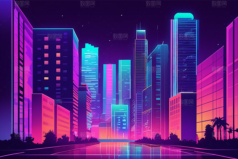 霓虹城市科技感未来插画