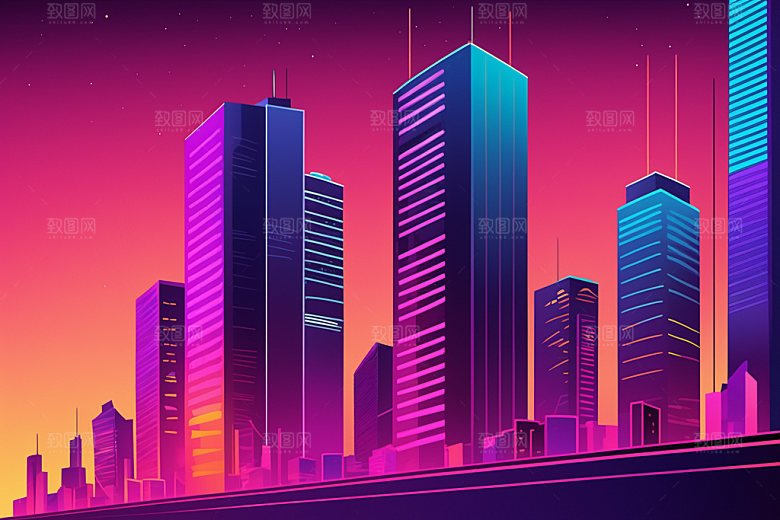 霓虹城市彩色未来插画