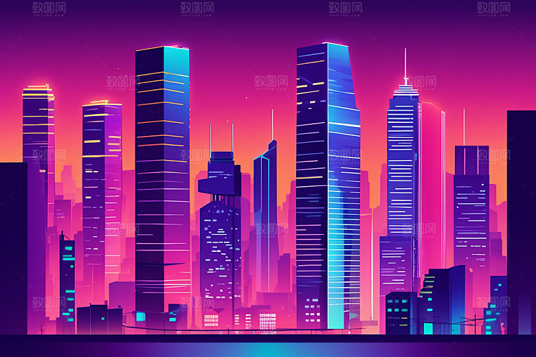 霓虹城市元素赛博朋克插画