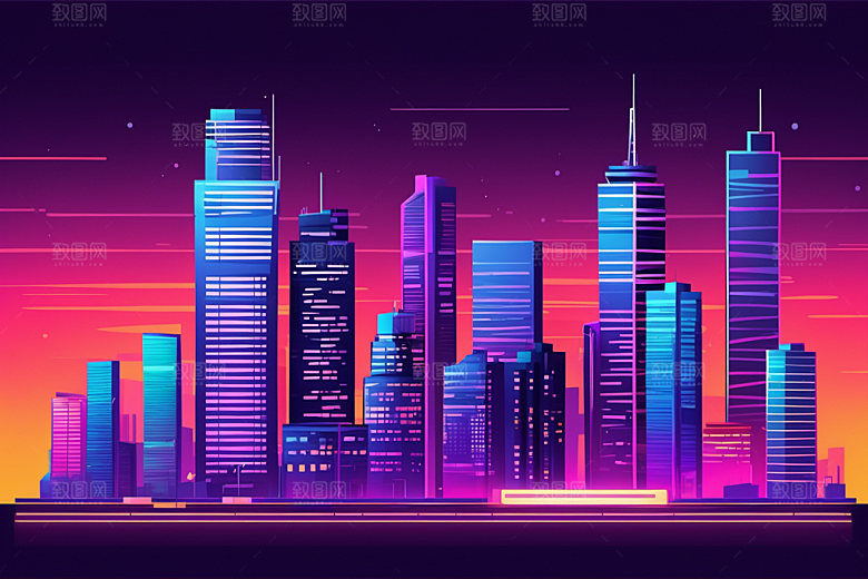 霓虹城市都市建筑插画