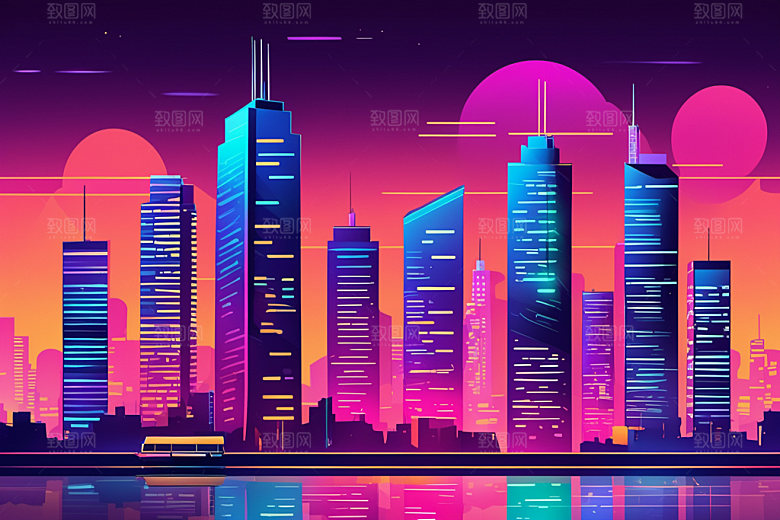 霓虹城市未来科技感插画