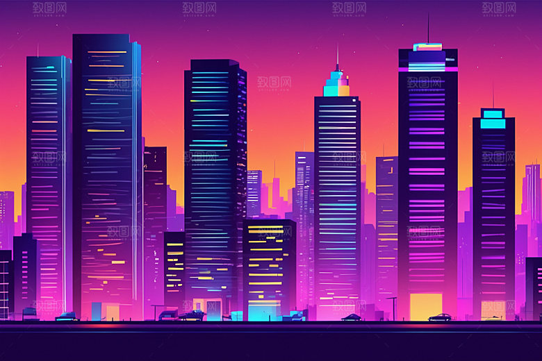 霓虹城市赛博朋克建筑插画