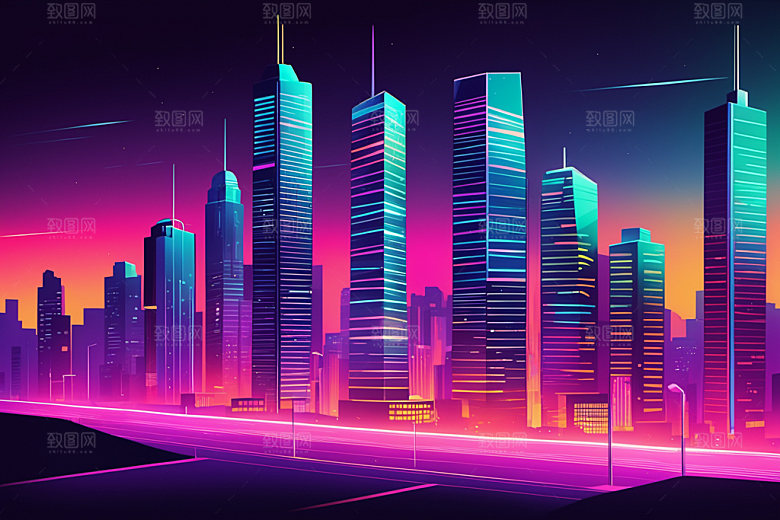 霓虹城市赛博朋克元素插画